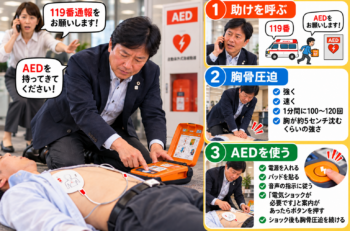 もしものとき、あなたはAEDを使えますか。誰でもできる、3つのステップ